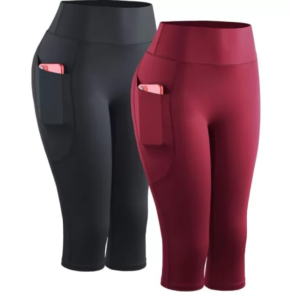 imageNELEUS Womens Tummy Control High Waist Capri Running Leggings Yoga Pants with Pocket9120 BlackRed 2 Pack