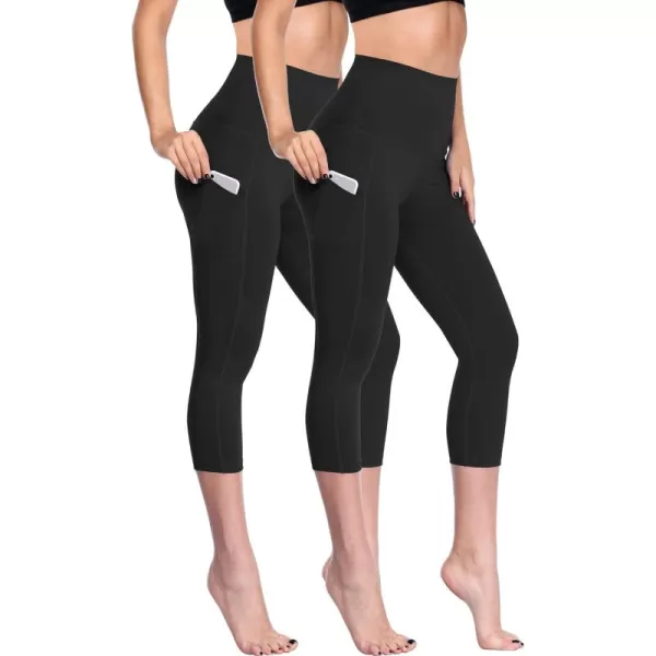 imageNELEUS Womens Tummy Control High Waist Capri Running Leggings Yoga Pants with PocketZ109 BlackBlack 2 Pack