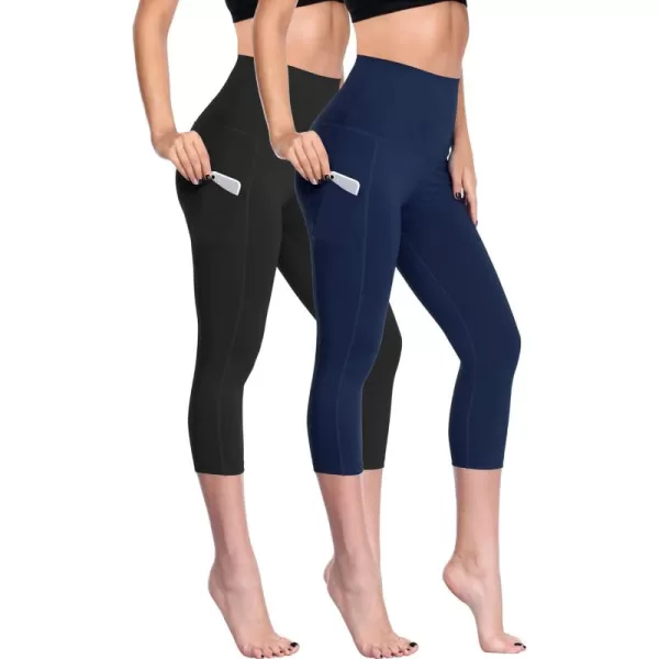 imageNELEUS Womens Tummy Control High Waist Capri Running Leggings Yoga Pants with PocketZ109 BlackNavy Blue 2 Pack