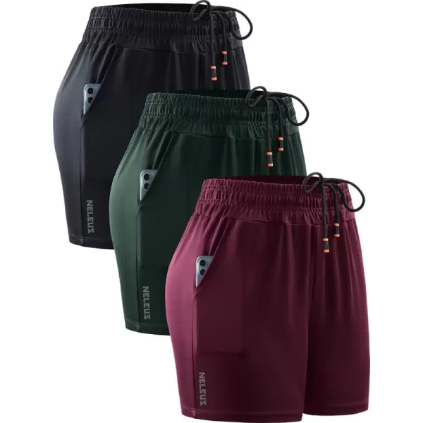 imageNELEUS Womens Lightweight Running Shorts Workout Athletic Short for Yoga with Pocket4 Inseam BlackRedBlackish Green  3 Pack