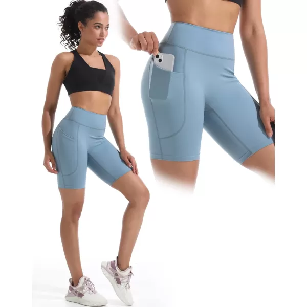 imageNELEUS Womens 8quot Biker Shorts High Waist Tummy Control Workout Running Shorts for Gym Yoga9119 BlackGreyLight Blue 3 Pack