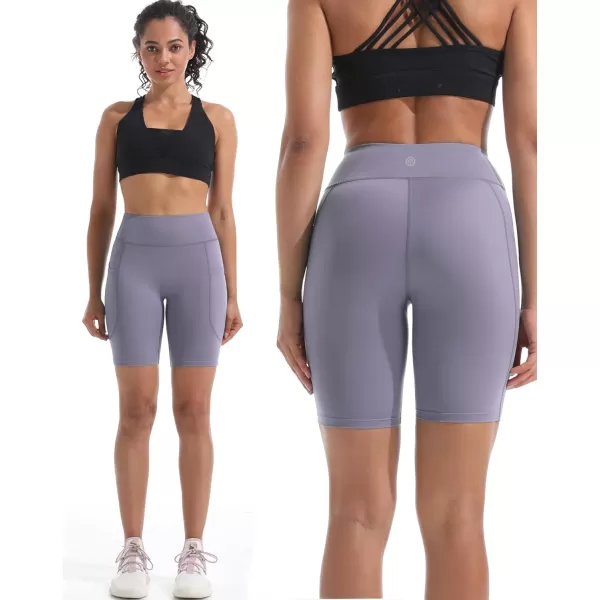 imageNELEUS Womens 8quot Biker Shorts High Waist Tummy Control Workout Running Shorts for Gym Yoga9119 BlackGreyPurple 3 Pack