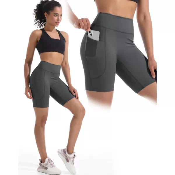 imageNELEUS Womens 8quot Biker Shorts High Waist Tummy Control Workout Running Shorts for Gym Yoga9119 BlackGreyRed 3 Pack