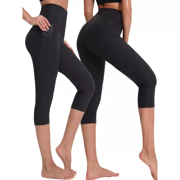 imageNELEUS Womens Yoga Running Capris Tummy Control High Waist Workout Pants9042 BlackBlue 2 Pack