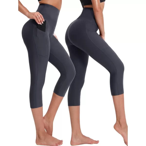 imageNELEUS Womens Yoga Running Capris Tummy Control High Waist Workout Pants9042 BlueGreyRed 3 Pack