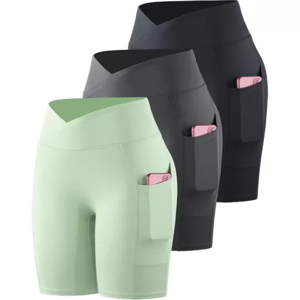 imageNELEUS Womens 3 Pack Biker Shorts High Waist Running Yoga Shorts with Pockets9115 BlackGreyLight Green  3 Pack