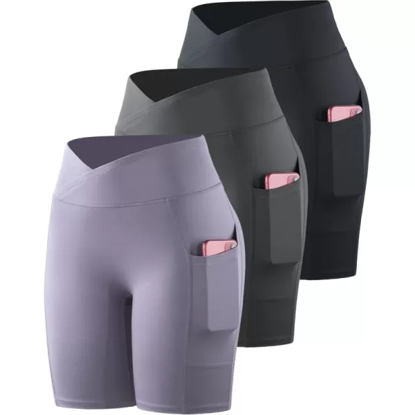 imageNELEUS Womens 3 Pack Biker Shorts High Waist Running Yoga Shorts with Pockets9115 BlackGreyPurple  3 Pack