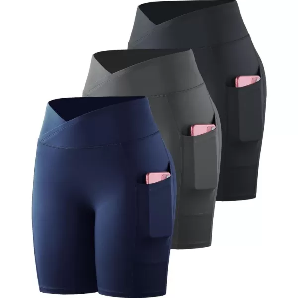 imageNELEUS Womens 3 Pack Biker Shorts High Waist Running Yoga Shorts with Pockets9115 BlueGreyDark Navy 3 Pack