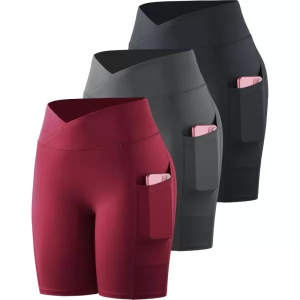 imageNELEUS Womens 3 Pack Biker Shorts High Waist Running Yoga Shorts with Pockets9115 BlueGreyRed 3 Pack