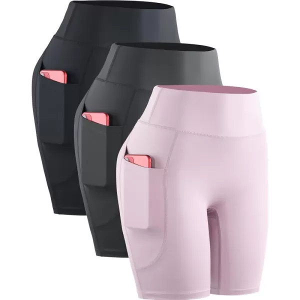 imageNELEUS Womens 8quot Biker Shorts High Waist Tummy Control Workout Running Shorts for Gym Yoga9119 BlackGreyPink 3 Pack