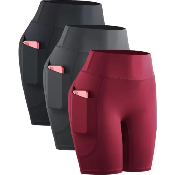 imageNELEUS Womens 8quot Biker Shorts High Waist Tummy Control Workout Running Shorts for Gym Yoga9119 BlackGreyRed 3 Pack