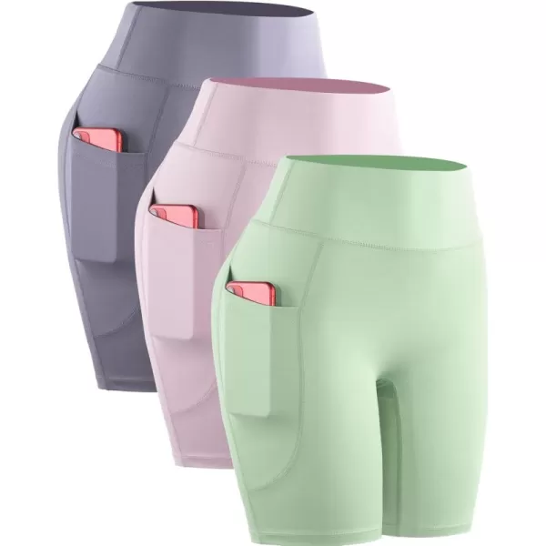 imageNELEUS Womens 8quot Biker Shorts High Waist Tummy Control Workout Running Shorts for Gym Yoga9119 PinkGreenPurple 3 Pack