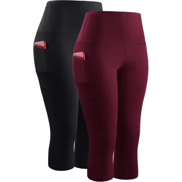 imageNELEUS Womens Yoga Running Capris Tummy Control High Waist Workout Pants9042 BlackRed 2 Pack