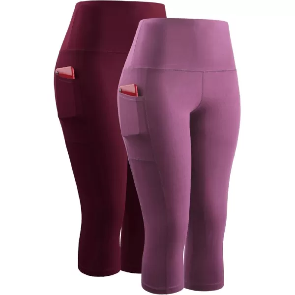 imageNELEUS Womens Yoga Running Capris Tummy Control High Waist Workout Pants9042 PinkRed 2 Pack