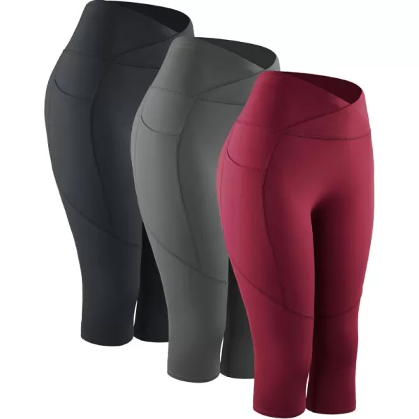 imageNELEUS Womens Yoga Running Capris Tummy Control High Waist Workout Pants9123 BlackGreyRed 3 Pack