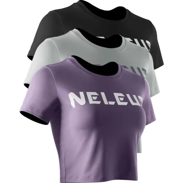 imageNELEUS Womens Running Crop Tank Tops Dry Fit Workout Athletic Crop Shirts Pack of 31501 BlackGreyPurple