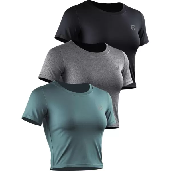 imageNELEUS Womens Running Crop Tank Tops Dry Fit Workout Athletic Crop Shirts Pack of 38079 BlackGreyBlackish Green 3 Pack