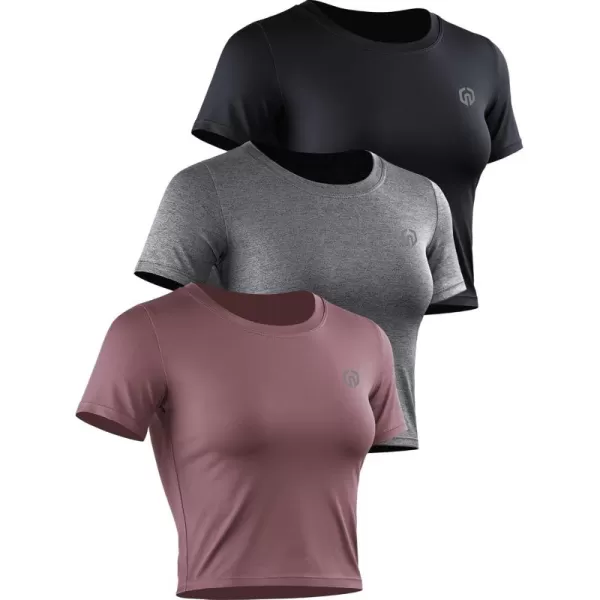 imageNELEUS Womens Running Crop Tank Tops Dry Fit Workout Athletic Crop Shirts Pack of 38079 BlackGreyRosy Brown 3 Pack