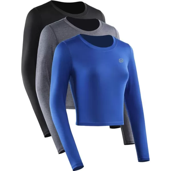 imageNELEUS Womens Running Workout Athletic Crop Shirts Pack of 3BlackGreyBlue  Long Sleeve