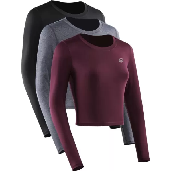 imageNELEUS Womens Running Workout Athletic Crop Shirts Pack of 3BlackGreyRed  Long Sleeve