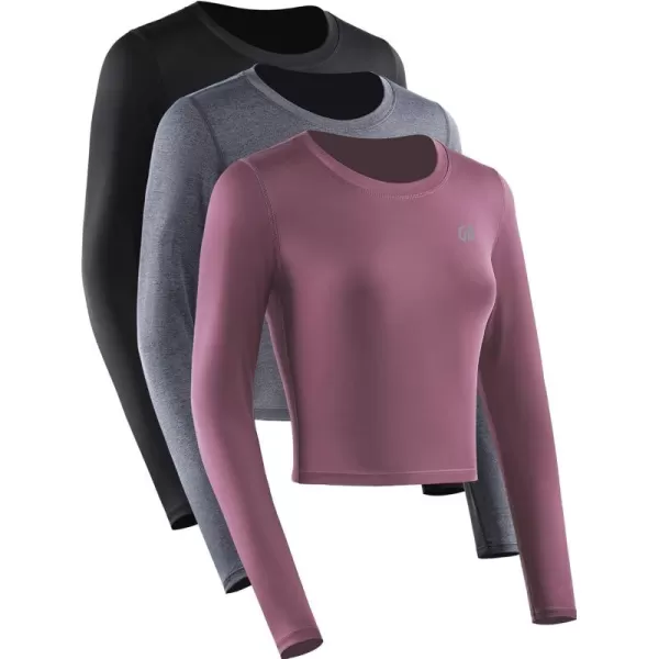 imageNELEUS Womens Running Workout Athletic Crop Shirts Pack of 3BlackGreyRose Red  Long Sleeve