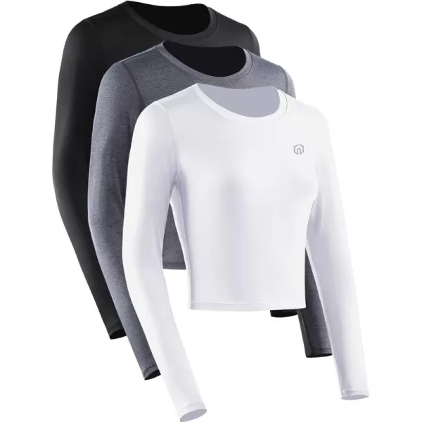 imageNELEUS Womens Running Workout Athletic Crop Shirts Pack of 3BlackGreyWhite  Long Sleeve