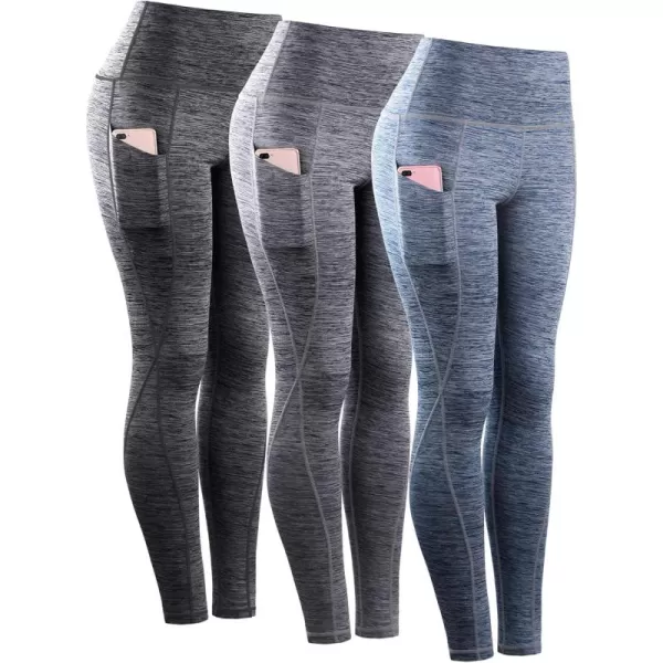 imageNELEUS Womens Yoga Pant Tummy Control High Waist Running Leggings with Pocket9033 Yoga Pant 3 Pack Black grey navy Blue