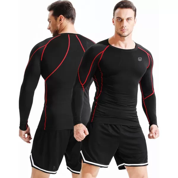 imageNELEUS Mens 3 Pack Dry Fit Long Sleeve Compression Shirts Workout Running Shirts5030 Black Red StripeGreyBlue 3 Pack