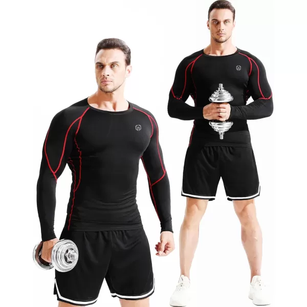 imageNELEUS Mens 3 Pack Dry Fit Long Sleeve Compression Shirts Workout Running Shirts5030 Black Red StripeGreyWhite 3 Pack