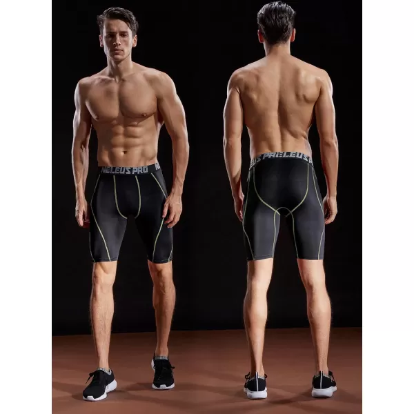 imageNELEUS Mens Compression Shorts Pack of 36012 BlackRed StripeGreen Stripe 3 Pack