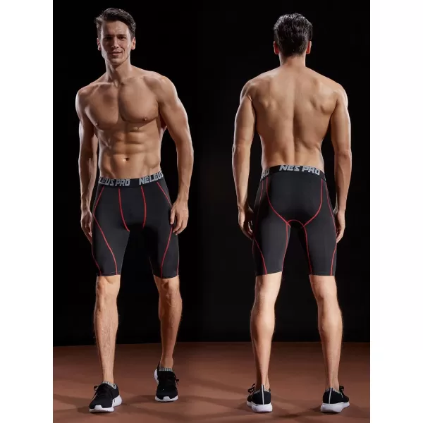 imageNELEUS Mens Compression Shorts Pack of 36012 BlackRed StripeGreen Stripe 3 Pack