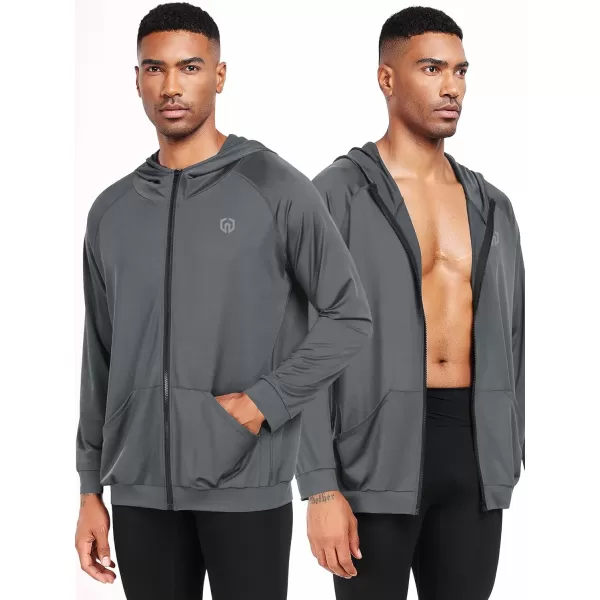 imageNELEUS Mens FullZip Athletic Jacket with Hoodies Workout Long Sleeve Fishing Hiking Performance Shirt5901 Pack of 2 Black grey