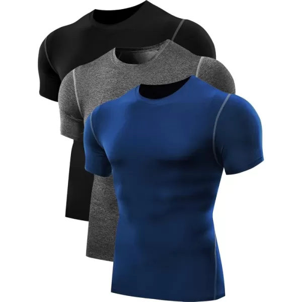 imageNELEUS Mens 3 Pack Athletic Compression Base Layer Workout Shirt5003 Black grey blue 3 Pack