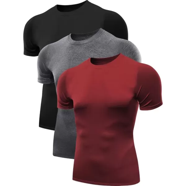 imageNELEUS Mens 3 Pack Athletic Compression Base Layer Workout Shirt5011 3 Packblack grey red