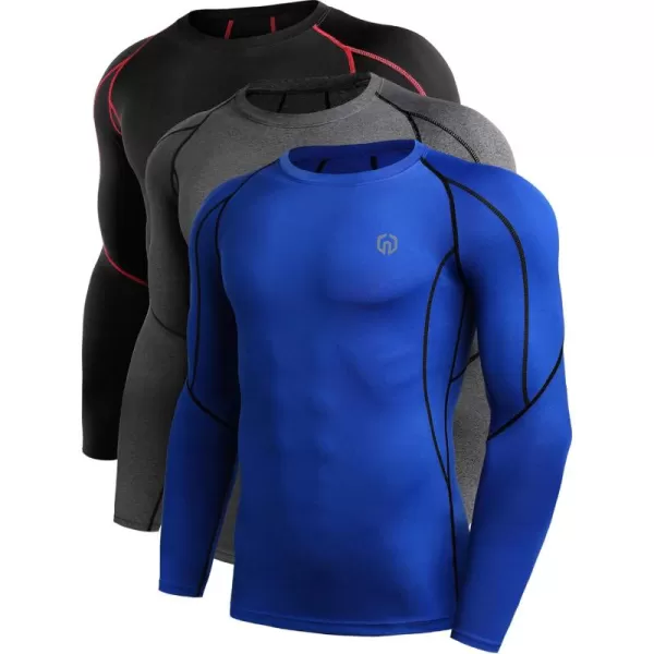 imageNELEUS Mens 3 Pack Dry Fit Long Sleeve Compression Shirts Workout Running Shirts5030 Black Red StripeGreyBlue 3 Pack