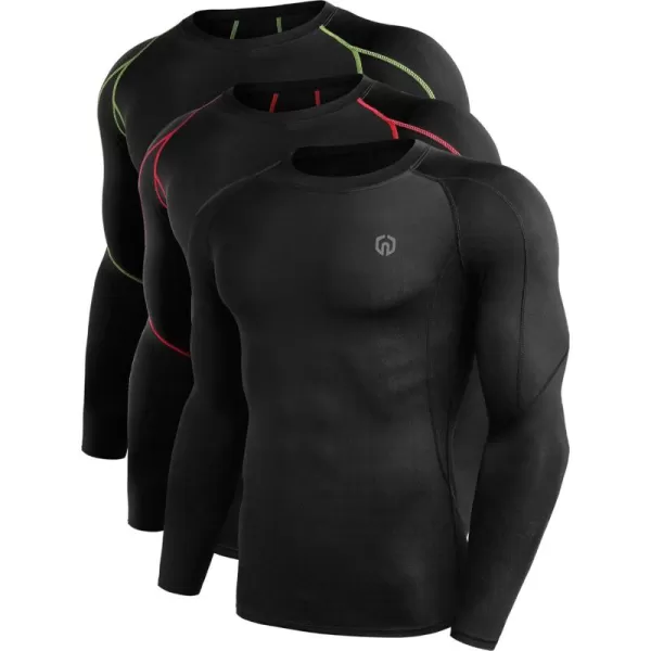 imageNELEUS Mens 3 Pack Dry Fit Long Sleeve Compression Shirts Workout Running Shirts5030 BlackRed StripeGreen Stripe 3 Pack