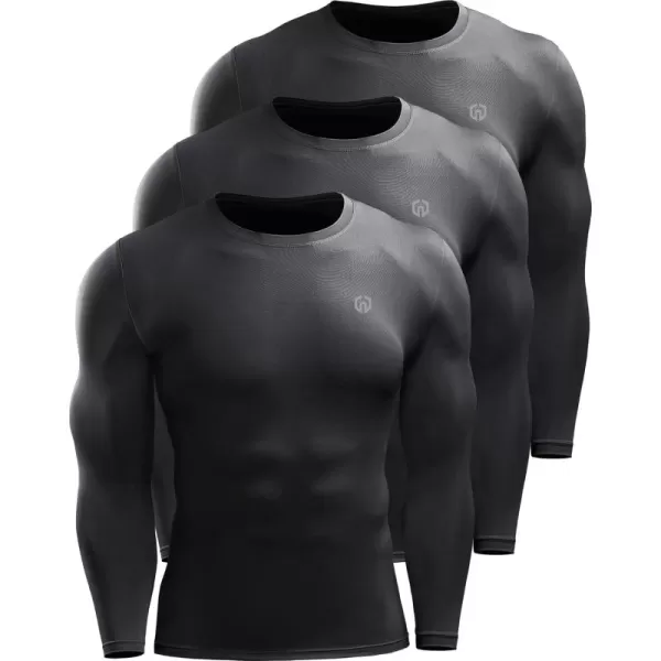 imageNELEUS Mens 3 Pack Dry Fit Long Sleeve Compression Shirts Workout Running ShirtsZ020 BlackBlackBlack