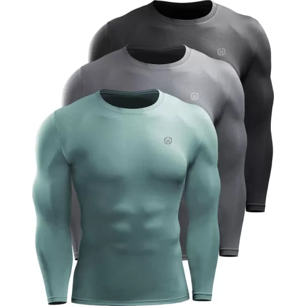 imageNELEUS Mens 3 Pack Dry Fit Long Sleeve Compression Shirts Workout Running ShirtsZ020 BlackGreyBlackish Green