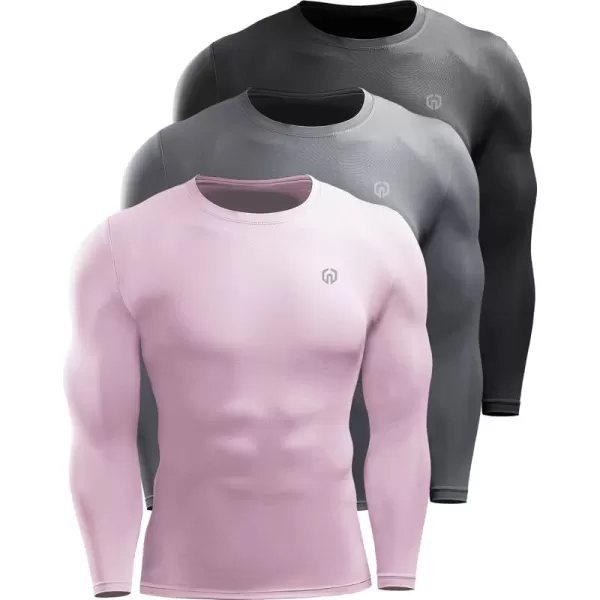 imageNELEUS Mens 3 Pack Dry Fit Long Sleeve Compression Shirts Workout Running ShirtsZ020 BlackGreyPink