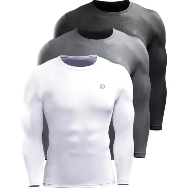 imageNELEUS Mens 3 Pack Dry Fit Long Sleeve Compression Shirts Workout Running ShirtsZ020 BlackGreyWhite