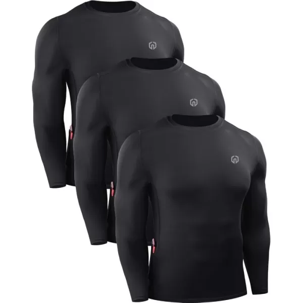 imageNELEUS Mens 3 Pack Dry Fit Long Sleeve Compression Shirts Workout Running ShirtsZ023 BlackBlackBlack