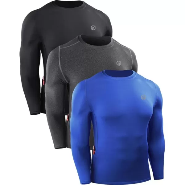 imageNELEUS Mens 3 Pack Dry Fit Long Sleeve Compression Shirts Workout Running ShirtsZ023 BlackGreyBlue