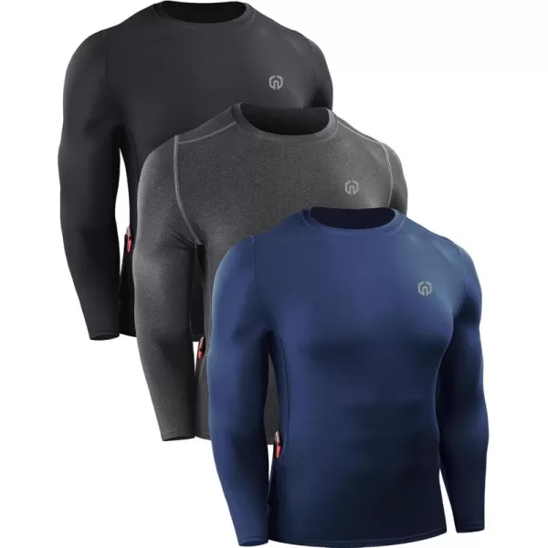 imageNELEUS Mens 3 Pack Dry Fit Long Sleeve Compression Shirts Workout Running ShirtsZ023 BlackGreyNavy Blue