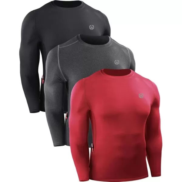 imageNELEUS Mens 3 Pack Dry Fit Long Sleeve Compression Shirts Workout Running ShirtsZ023 BlackGreyRed