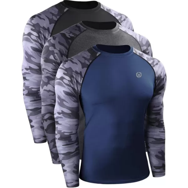 imageNELEUS Mens 3 Pack Dry Fit Long Sleeve Compression Shirts Workout Running ShirtsZ028 BlackGreyNavy Blue