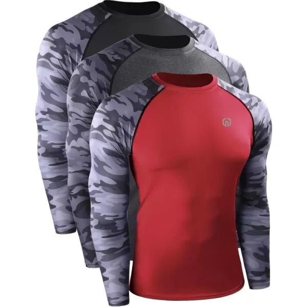 imageNELEUS Mens 3 Pack Dry Fit Long Sleeve Compression Shirts Workout Running ShirtsZ028 BlackGreyRed