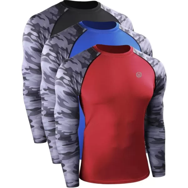 imageNELEUS Mens 3 Pack Dry Fit Long Sleeve Compression Shirts Workout Running ShirtsZ028 BlackRedBlue