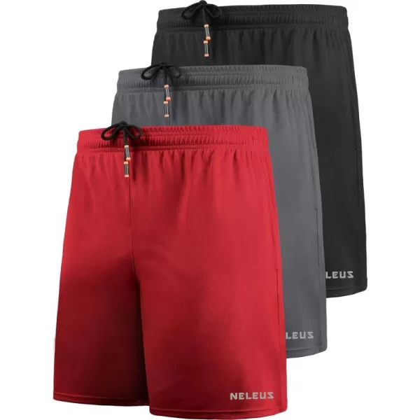 imageNELEUS Mens 7 inch Lightweight Workout Running Shorts with Pockets6058 3 Pack Black grey red