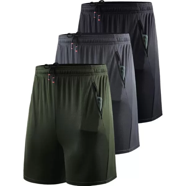 imageNELEUS Mens 7 inch Lightweight Workout Running Shorts with Pockets6083 3 Pack blackGreyOlive Green