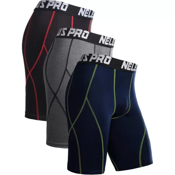 imageNELEUS Mens Compression Shorts Pack of 36012 Blackred StripeGreyNavy Blue 3 Pack